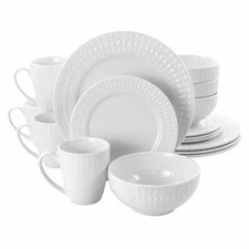 Elama Cara 16-Piece White Porcelain Dinnerware Set Round Plate Bowl Charger
