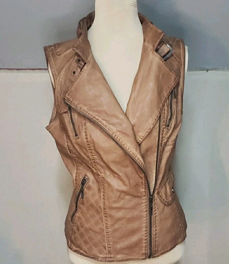 Chelsea & Violet Small Faux Leather Biker Vest Cognac Edgy Moto Grunge Womens - Image 3 of 4