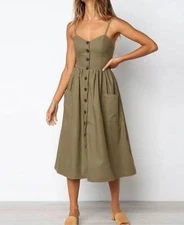 Everkaki Womens Green Boho Style Midi Dress Sleeveless Button Front Size L NWT