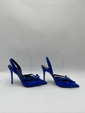 Women’s TOM FORD Bow Satin Slingback Pumps Blue Size 38.5