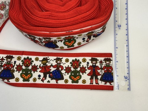 Norwegian Red Ribbon Trim 2” Wide Full Spool Dancing Figures Floral - Picture 3 of 6