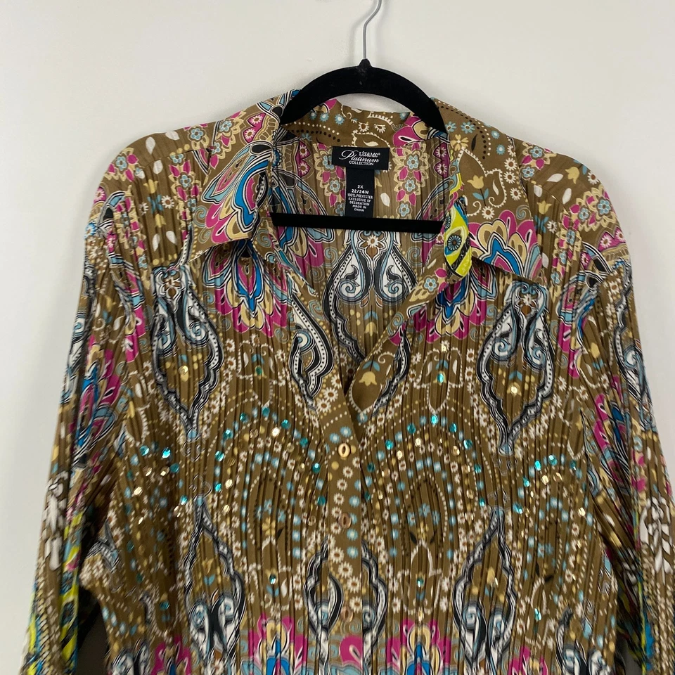 Liz & Me Accordion Pleated Bell Sleeve Blouse Size 2X Green Sequin Embellished - Image 2 of 4