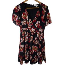 Madewell Floral Mini Dress Black Red Pink Short Sleeve V Neck Size 4