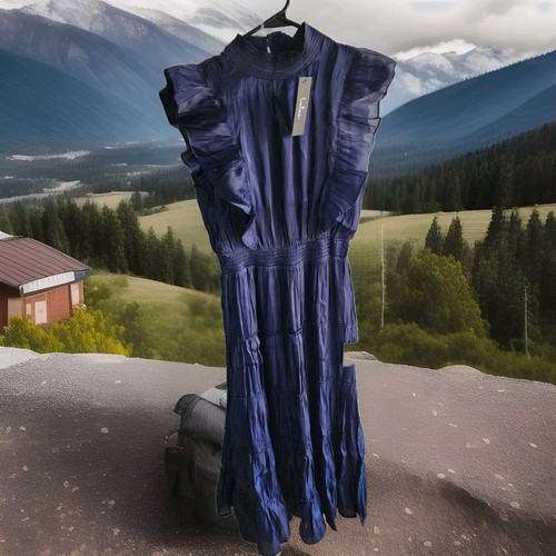 Lulus Take A Glance Ruffle Sleeve Tiered Dress Womens Medium Blue NWT - Picture 1 of 14