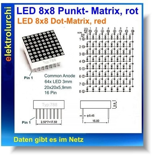 LED 8x8 Dot/ Punkt Matrix Array, rot, 20 x 20mm, 788BS, Arduino,1St. - Bild 2 von 2