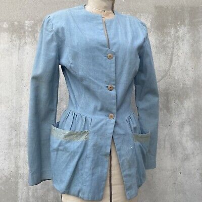 Vintage 1940s Blue Chambray Denim Jacket Coat Celluloid Buttons 