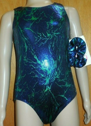 Metallic Foil Tank Gymnastic Leotard & scrunchie girls 75186 Blue Green ret $30 - Picture 4 of 7
