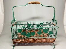 Vtg Wicker & Metal Magazine Rack~Green Ivy Leaves & Handle~Free Standing Decor