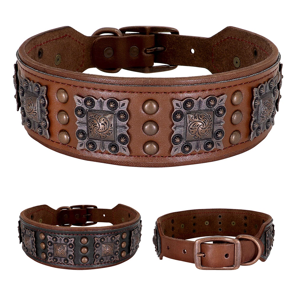 Dog collar with studs genuine leather stud collar neck circumference 40-55  cm wide