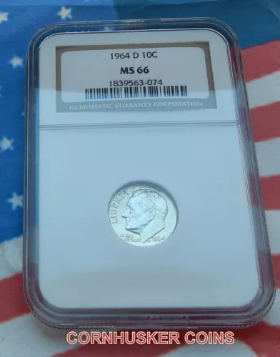 1964-D ROOSEVELT SILVER DIME NGC MS 66 ~  SLIGHT TONING ~ FREE SHIPPING