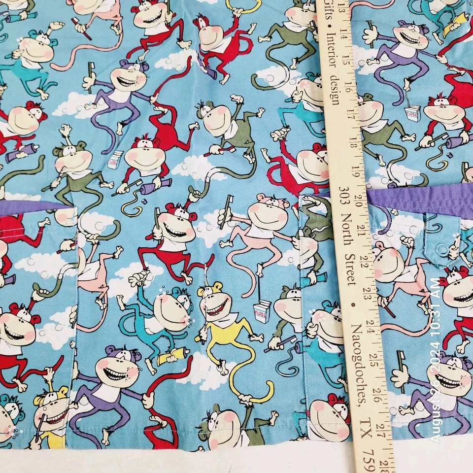 UA Scrubs Women's Top Blue Monkey Smiles Pockets Dental Scrub Shirt Teeth  - Image 3 of 4