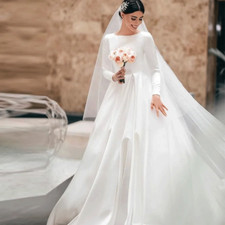 Vintage White Satin Wedding Dress for Women Long Sleeves Princesa Bridal Gown