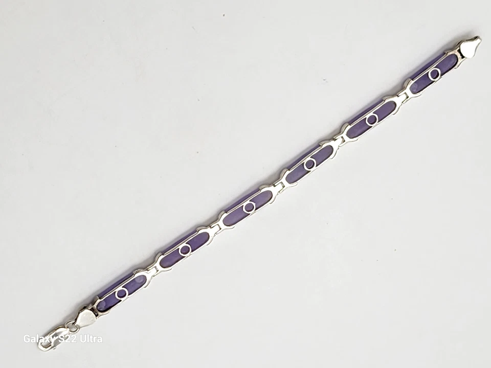 复古 LAVENDER JADE GEMSTONE 7.75 英寸珠宝手镯 925 纯银 18 克 — 第 3/4 张图片