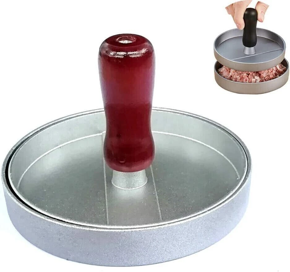 FORMA PRESSA PER HAMBURGER STAMPO PER CARNE CON MANICO IN LEGNO ALLUMINIO PANINI - Immagine 4 di 4