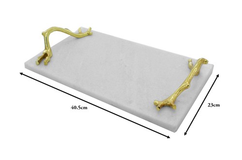 Rechteckiges dekoratives Serviertablett aus Naturmarmorstein mit goldenem Metallgriff - Bild 2 von 2