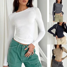 Women's Crop Top Solid Long Sleeve Fitted Tee Stretch Blouse Basic T-Shirt Slim