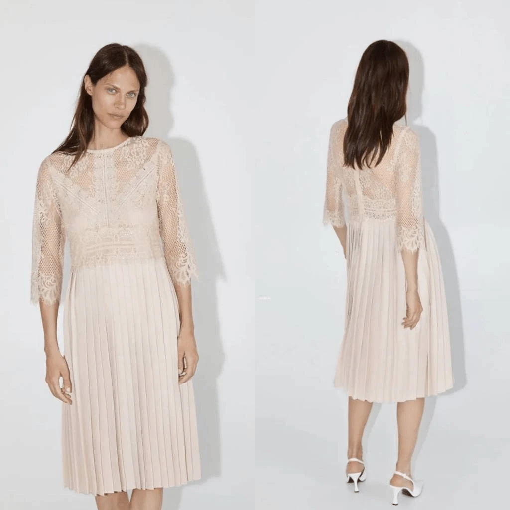 Zara cream lace pleated midi dress S NWT