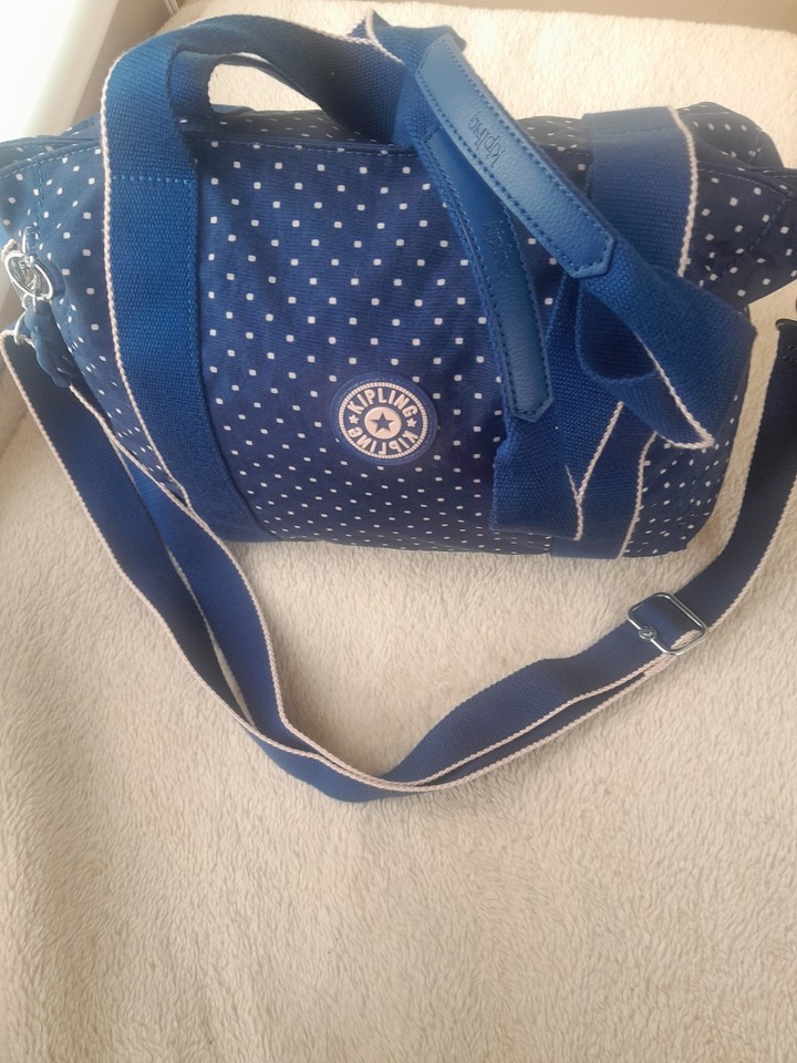 Kipling Blue Pink Dot Bag Shoulder Strap And Two Handles With Monkey Charm