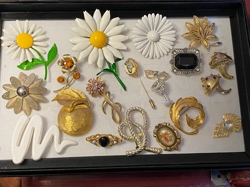 Vintage 21 Piece Costume Jewelry Brooches Some Signed Rhinestone Enamel