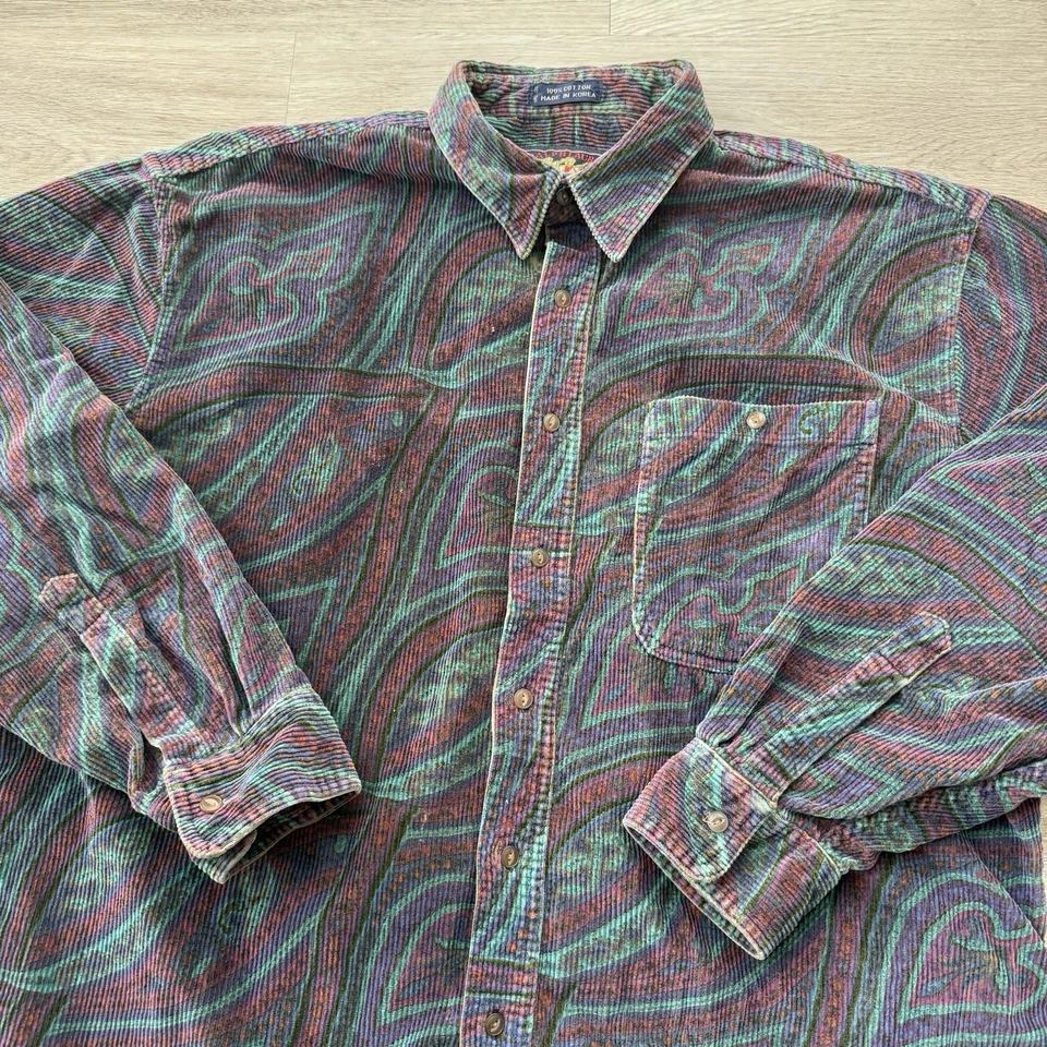 Vintage 90s Ralph Lauren Men XL Thick Corduroy Cotton Paisley Chaps Button Shirt - Image 4 of 4