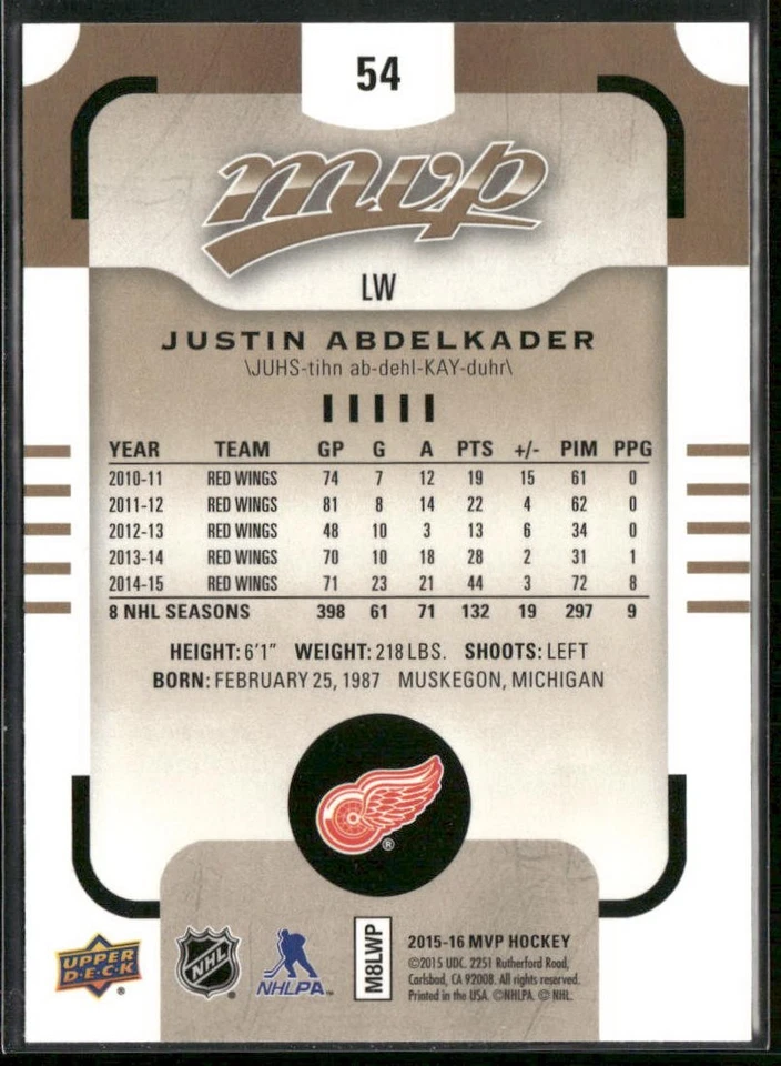 2015-16 Upper Deck MVP #54 Justin Abdelkader Detroit Red Wings Hockey Card - Image 2 of 2