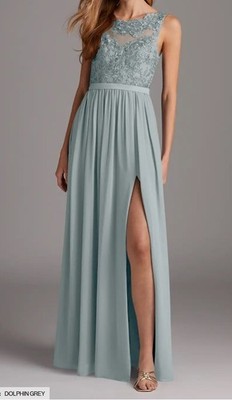Azazie Elly Dolphin Grey A-Line Lace Scoop Neck Chiffon Dress, Sz A14, w/ shawl