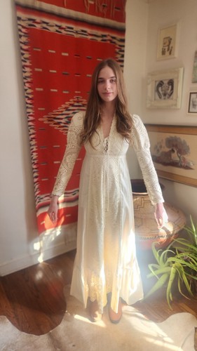 Vtg 70s Gunne Sax by Jessica 9 Cream Lace Prairie dress Cottagecore - Picture 4 of 10
