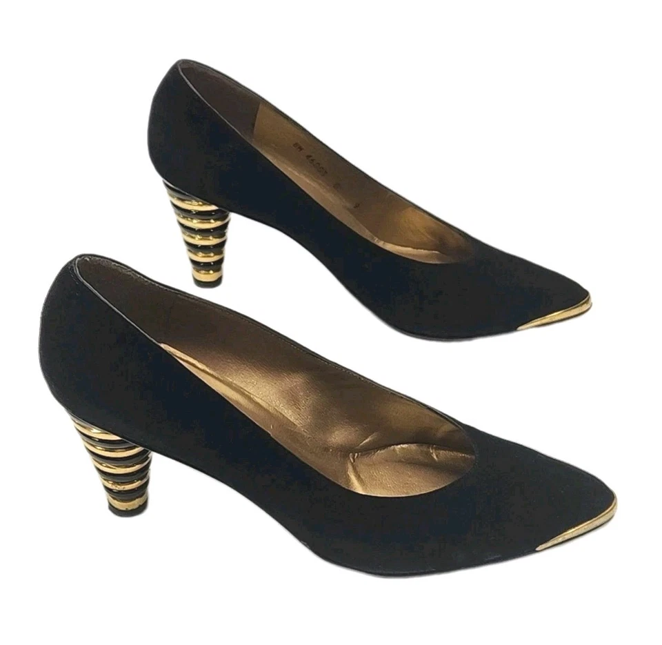 Stuart Weitzman Shoe Gold Black Suede 3" Heel Size 8W Wide Pointed Toe Dressy - Image 2 of 4