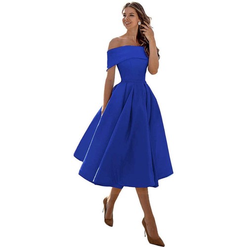 Women's Fashion Casual Strapless Satin Party Dress Off The Shoulder Tea Length S - Picture 89 of 106