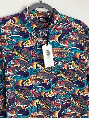 NWT WESC Oden Koi Fish Waves Multicolor Unisex Button Down Ocean Summer Beach