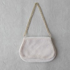 Vintage White Beaded Evening Handbag Mini Purse Flap Closure Hong Kong 1970s