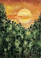 ACEO Original  Watercolor Hand Painting 2.5×3.5 in., Sunset,  ShineGoldenArt