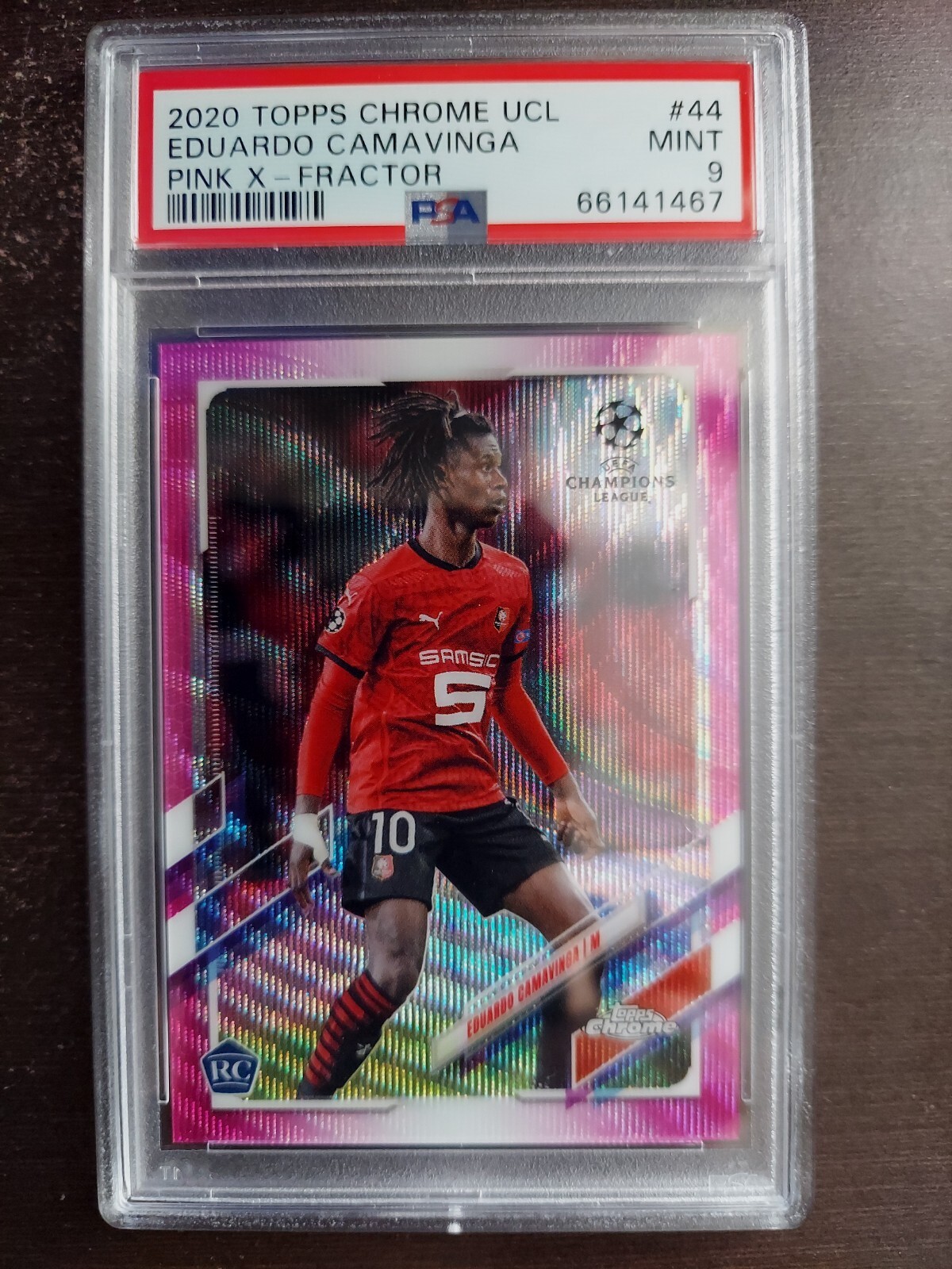 Eduardo Camavinga 2020-21 Topps Chrome UCL #44 Pink Wave X-Fractor RC PSA 9