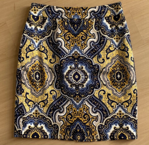 ANN TAYLOR PENCIL SKIRT BLUE GOLD PAISLEY PRINT FULLY LINED ZIPPER BACK SIZE 2 P - Picture 1 of 5