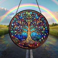 Tree of Life Stained Glass Suncatcher Window Hanging, Unique Glass Wall Decor