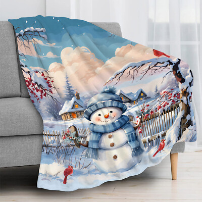 Winter Cardinal Blue Christmas Snowman Throw Blanket for Couch