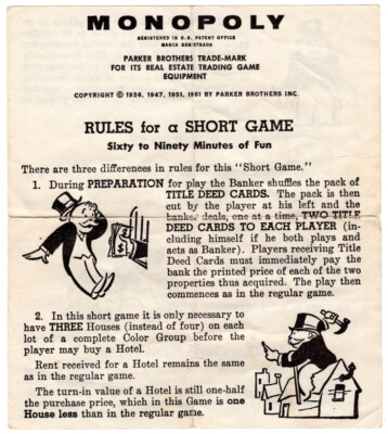 1961 Parker Brothers Monopoly Game Parts - Rules For A Short Game