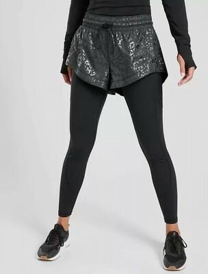 NWT Athleta 2 in 1 Rainer Tight Black Cheetah Wet Look Shorts Leggings Medium
