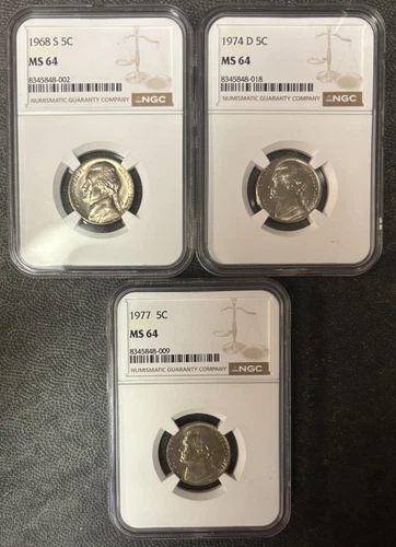 1968-S/1974-D/1977 Jefferson Nickels (MS 64) NGC 3 Coin Set