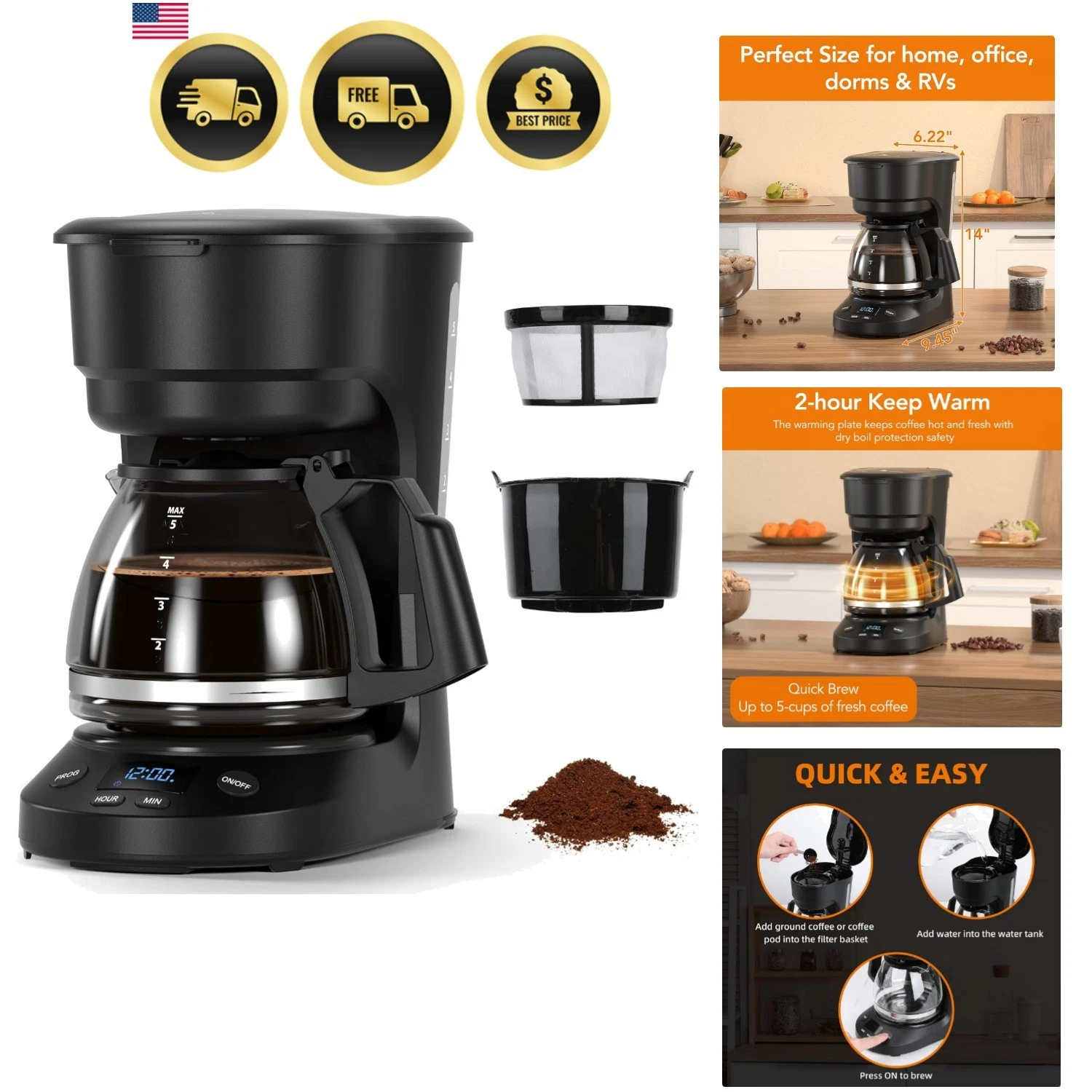 5-Cup Programmable Drip Coffee Maker, a compact coffee machine with a digital...
