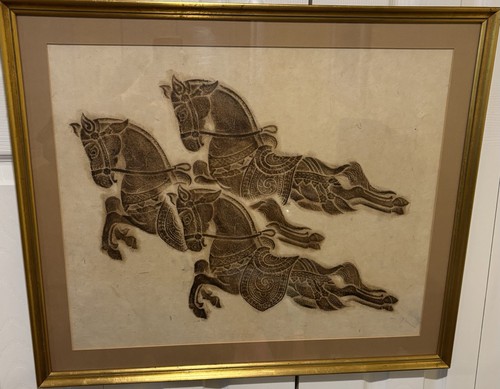 Vintage Thai Temple Rubbing of Three Horses Framed Rice Paper Artwork 