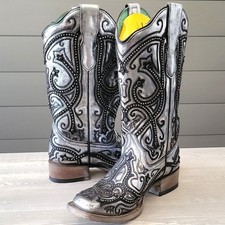 Corral Ladies Boots Silver Black Embroidered Studs Square Toe E1598 Size 7 NEW