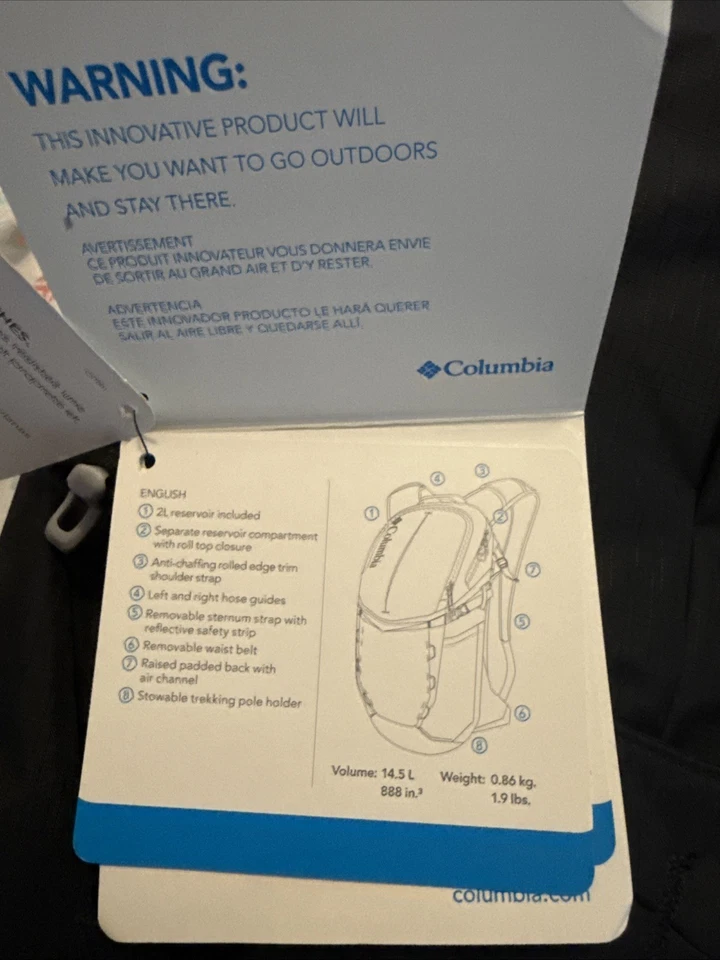 Mochila de hidratação Columbia com bexiga Hydrapak 2L preta ciclismo caminhada nova sem etiquetas! - Imagem 4 de 4