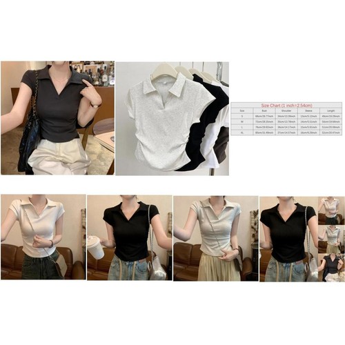 Women's Fashionable Solid Color Short Sleeve Top with Lapel and Waist Cinching - Picture 12 of 16