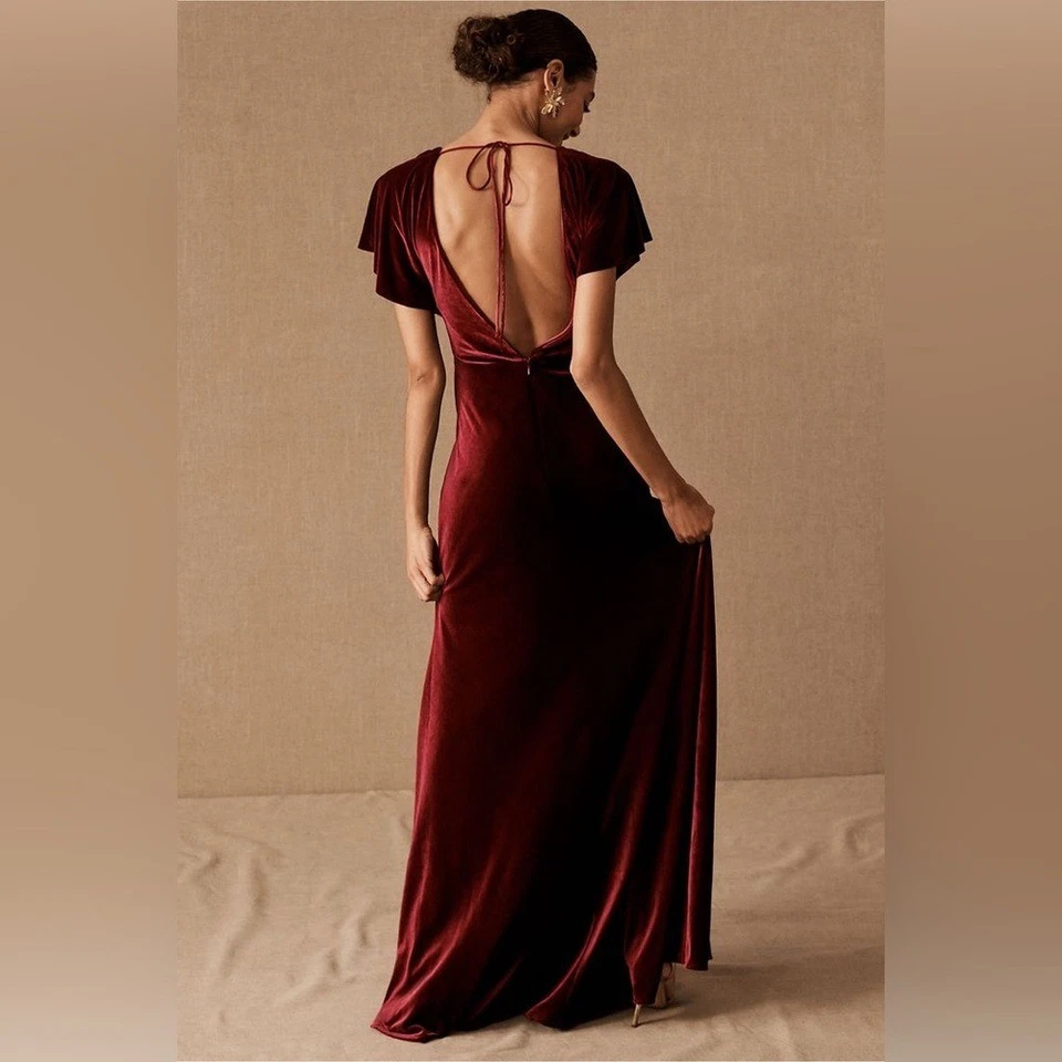 Jenny Yoo Ellis развевающийся рукав с открытой спиной эластичной бархатное платье размер 12 Dark Berry - Изображение 2 из 4