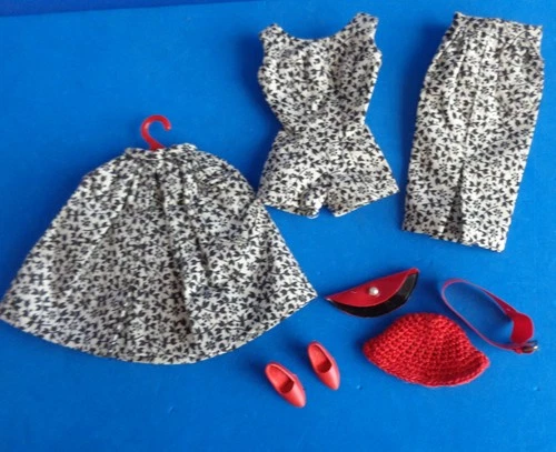 VINTAGE BARBIE PAK SET-BLACK & WHITE FLOWERED PLAYSUIT & 2 SKIRTS- 1960s MATTEL