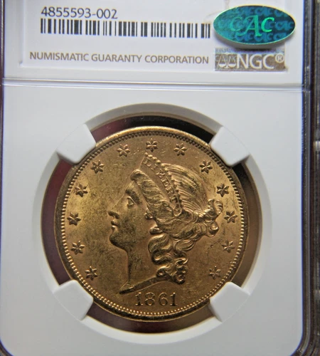 1861 $20 Liberty Double Gold Eagle - NGC AU58+ & CAC