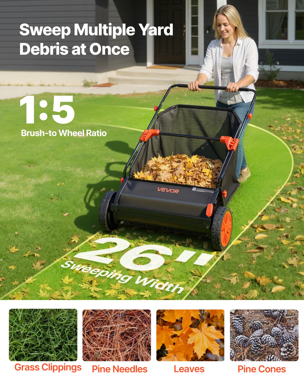 VEVOR Push Lawn Sweeper 26 in Leaf & Grass Collector 7 cu.ft. Hopper Bag Durable - second product detail image