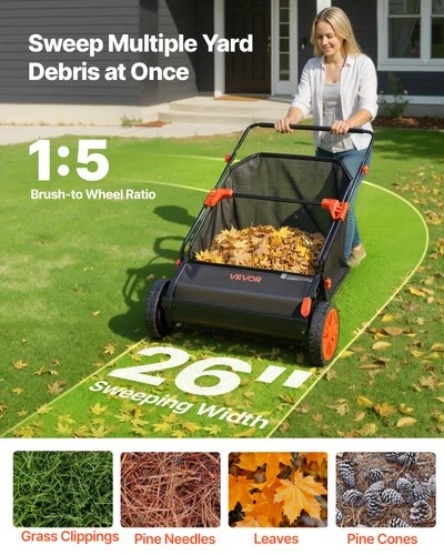 VEVOR Push Lawn Sweeper 26 in Leaf & Grass Collector 7 cu.ft. Hopper Bag Durable image 2