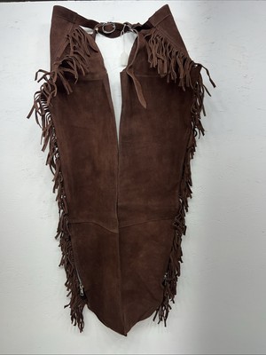 NOS Brown Show Western Chaps With Fringe Adjustable 44  Waist  I-61